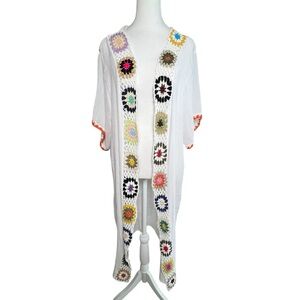 Open Front Crochet Kimono Semi Sheer Cover Up Duster White L Cruise Resortwear